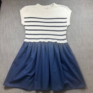 Entro Mixed Media Dress Women Small Navy Blue White Nautical Striped